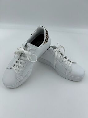 Skechers Air Cooled Memory Foam White Sneakers with Leopard Heel Accent 8.5